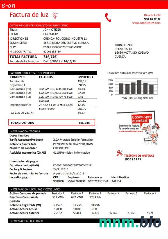 Hiszpania E. o szablonie rachunku za energię elektryczną w formacie Word i PDF